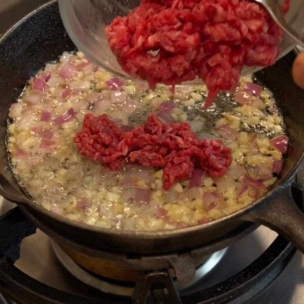 スキレットで炒められ、玉ねぎと混ざり合うひき肉。
