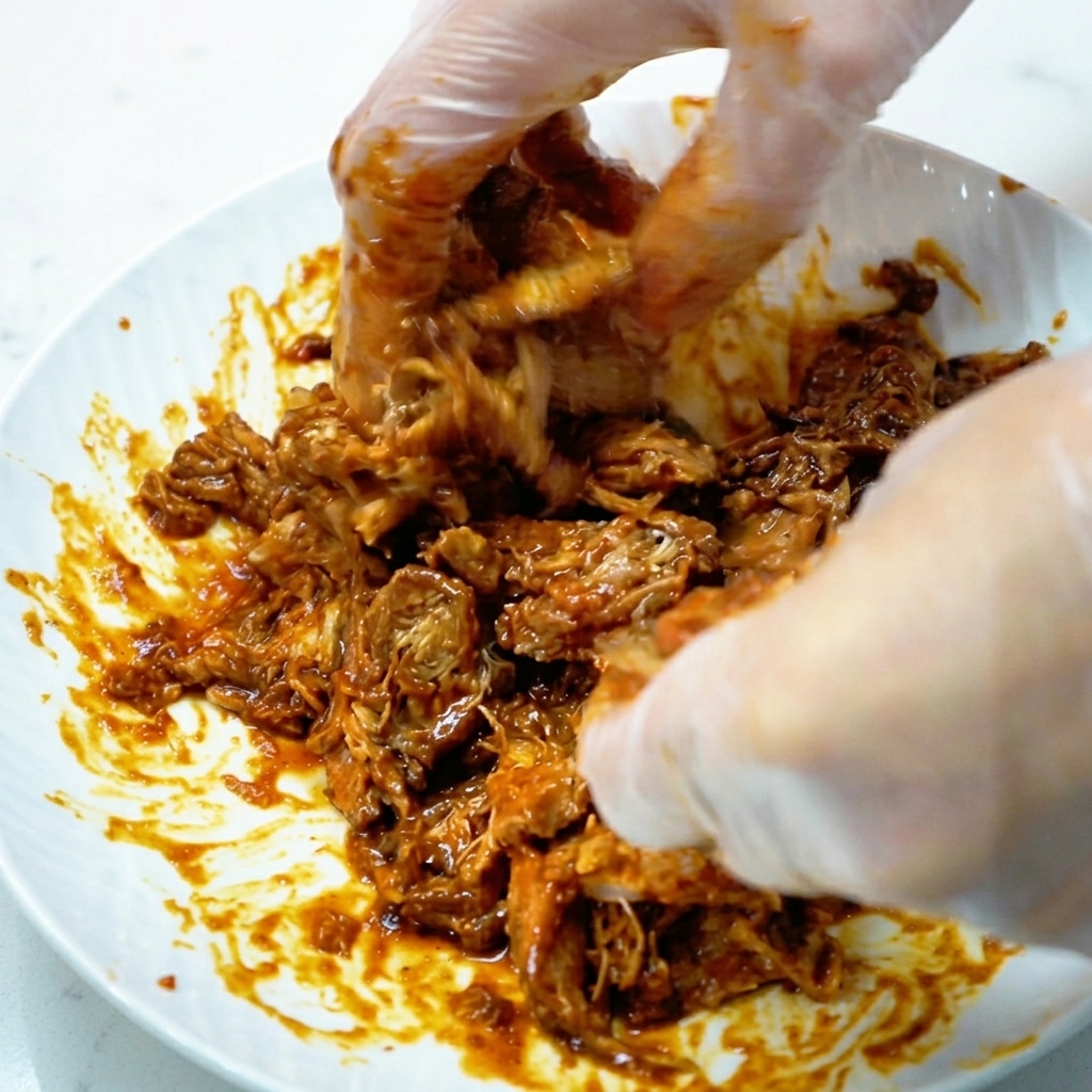 白い皿の上で、手袋をした手でスモークされた味付き肉を細かくほぐしている様子。