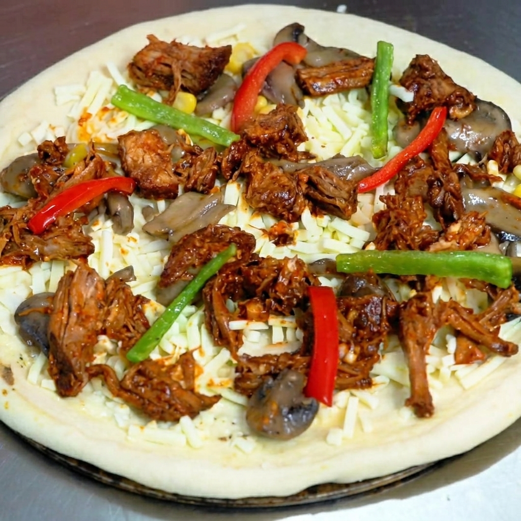 ピーマンとコーンを乗せ、仕上げのチーズをかけて焼き上げを待つピザの様子。