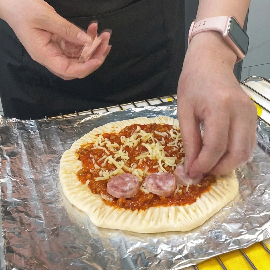 チーズの上にスライスしたソーセージを円状に並べている様子。