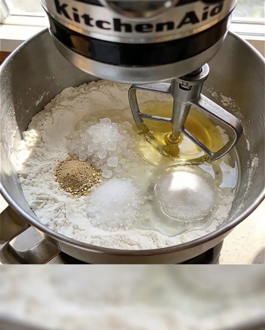 ボウルに入った小麦粉、イースト、砂糖、塩、水、オリーブオイルをドウフックで混ぜ合わせる様子。