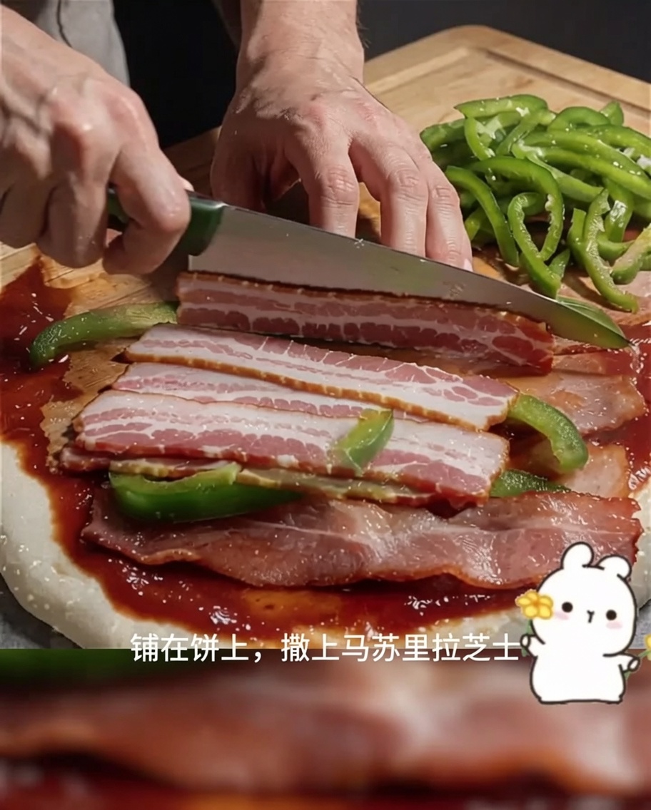 トマトソースを塗った生地に、ベーコン、ピーマン、玉ねぎをのせ、最後にモッツァレラチーズをかけている様子。