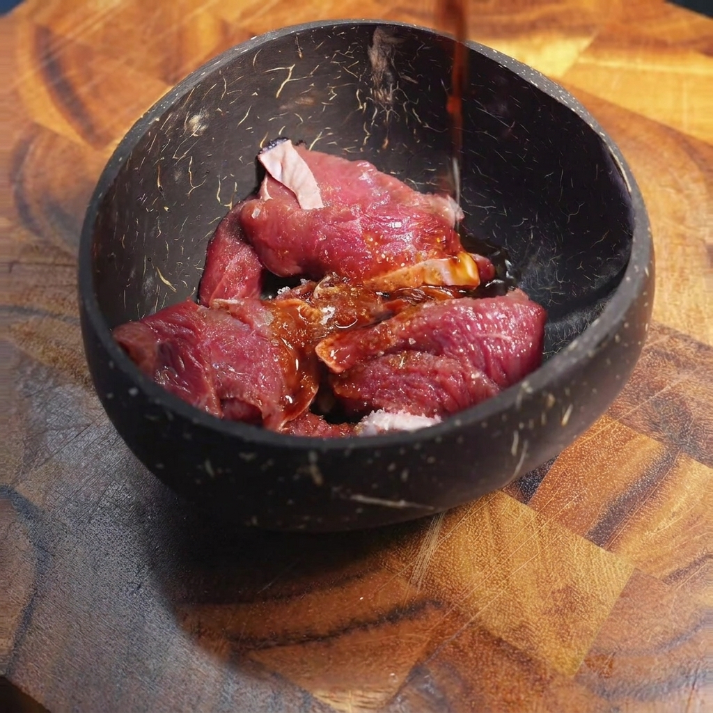 調味料を加えて牛肉を混ぜている様子。
