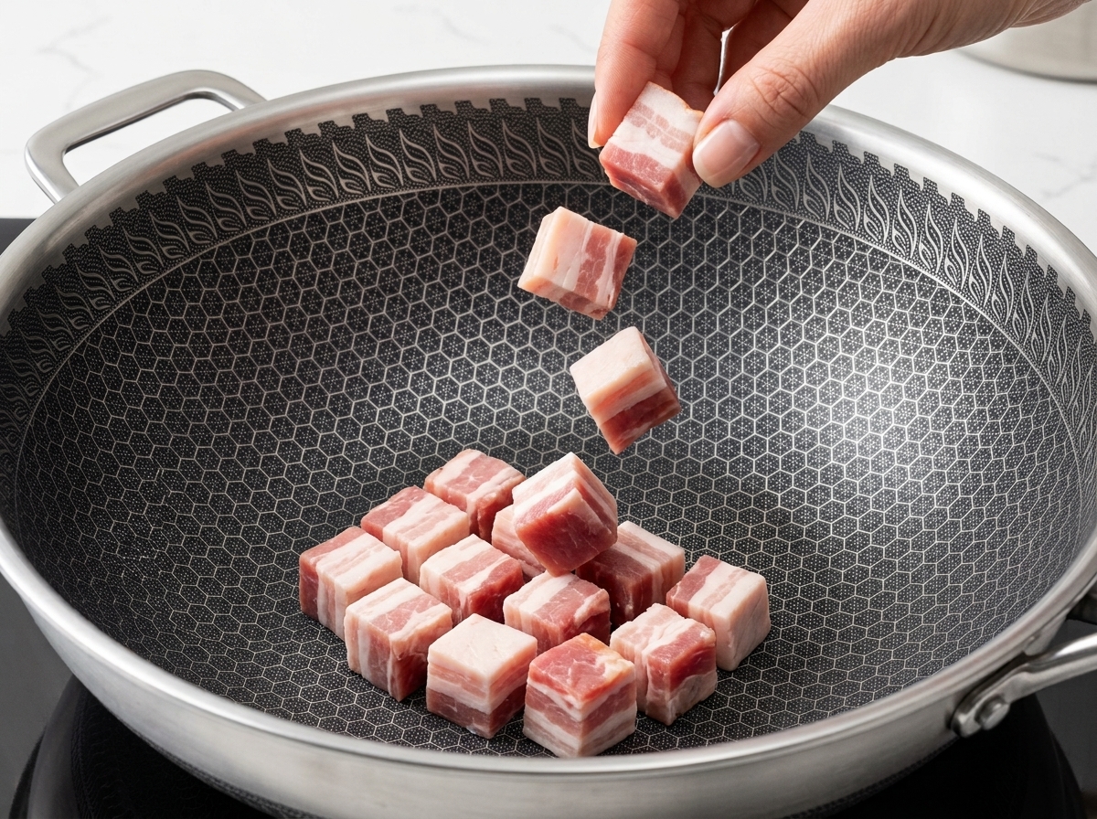 鍋でベーコンを炒め、脂が出てきて焼き色がついてきた様子。