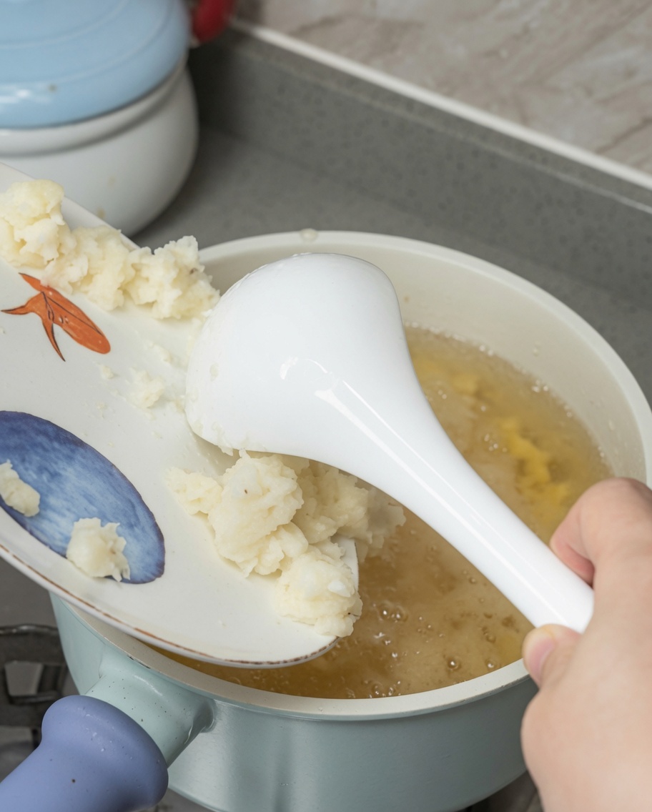 水で溶いたクワイ粉を沸騰したスープに注ぎ入れ、とろみを加えている様子。