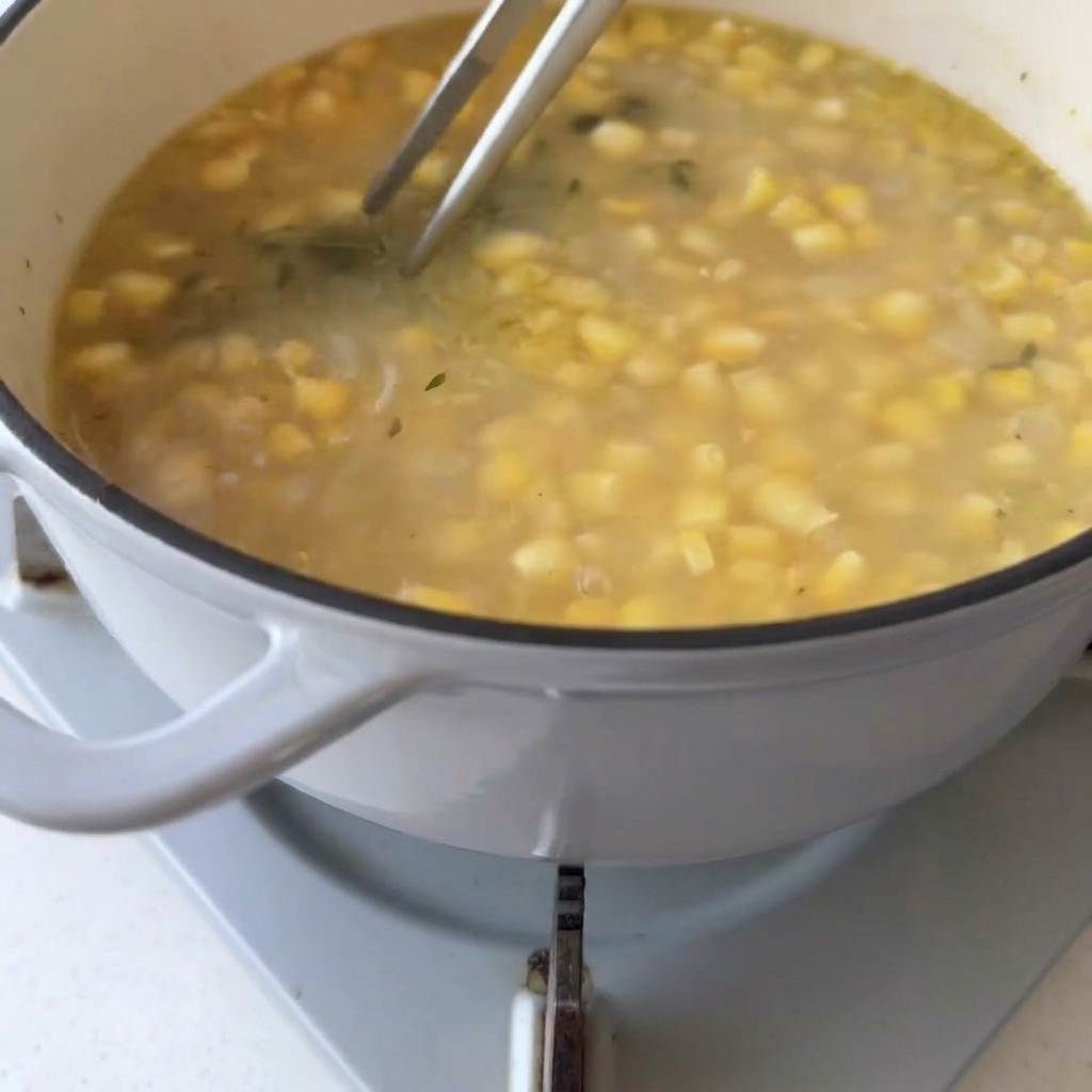 煮込んだ野菜スープの入った鍋から、金づるを使ってタイムの枝を取り出している様子。