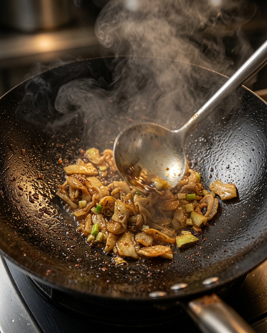 調理中の豚肉と香味野菜が入った鍋に、ジャガイモの千切りを投入している様子。