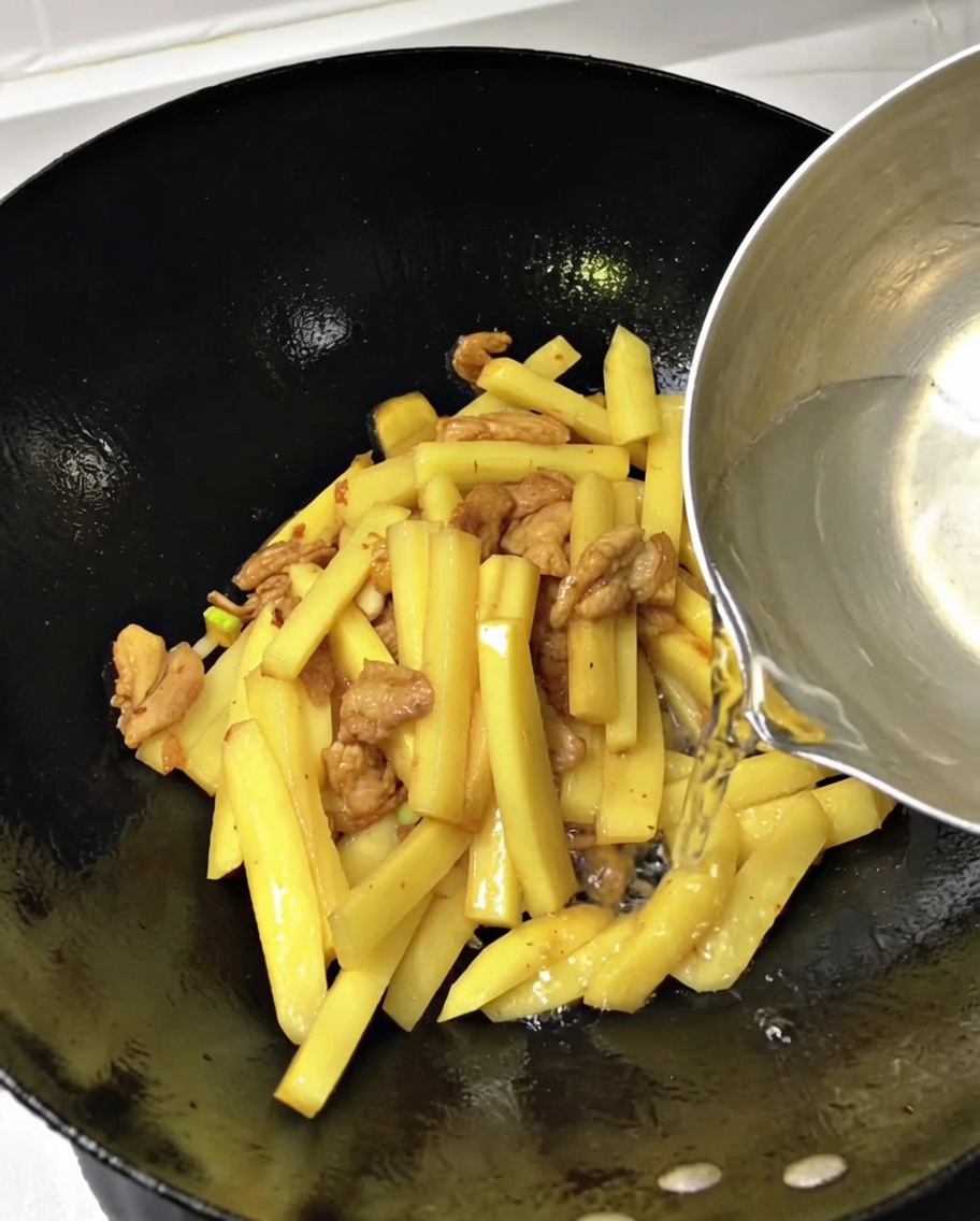 ジャガイモと豚肉が入った鍋に、お玉で水を加えている様子。