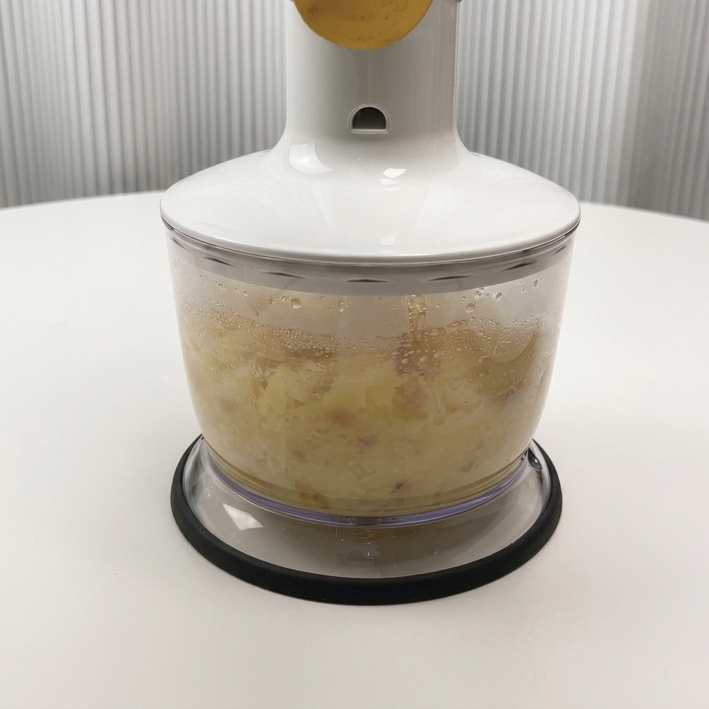 茹で上がったジャガイモとスープをフードプロセッサーでピューレ状にしている様子。