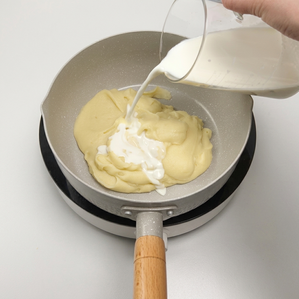 なめらかなジャガイモのピューレに牛乳を注いでいる様子。