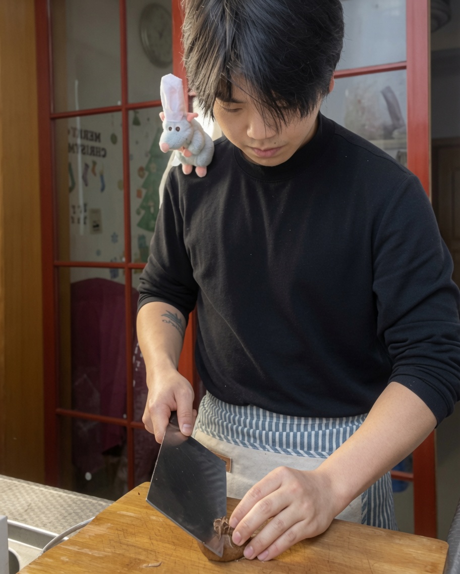 生椎茸の笠に包丁で十字の切り込みを入れている手元。