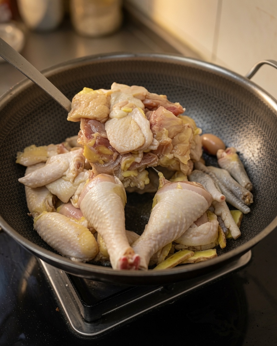 中華鍋の中で鶏肉と生姜が混ざり合い、表面に焼き色がついている様子。
