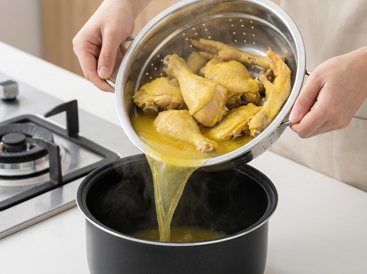 焼き色がついた鶏肉を圧力鍋の中に移している様子。