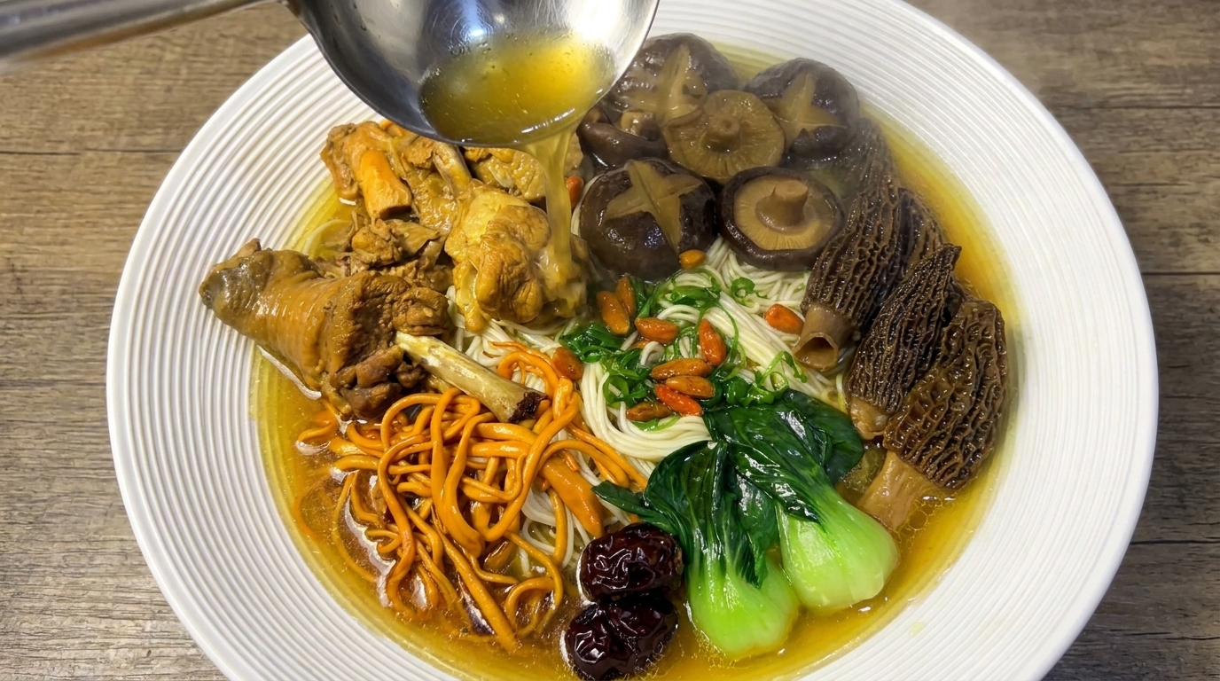 滋養たっぷりのきのこ鶏煮込み麺