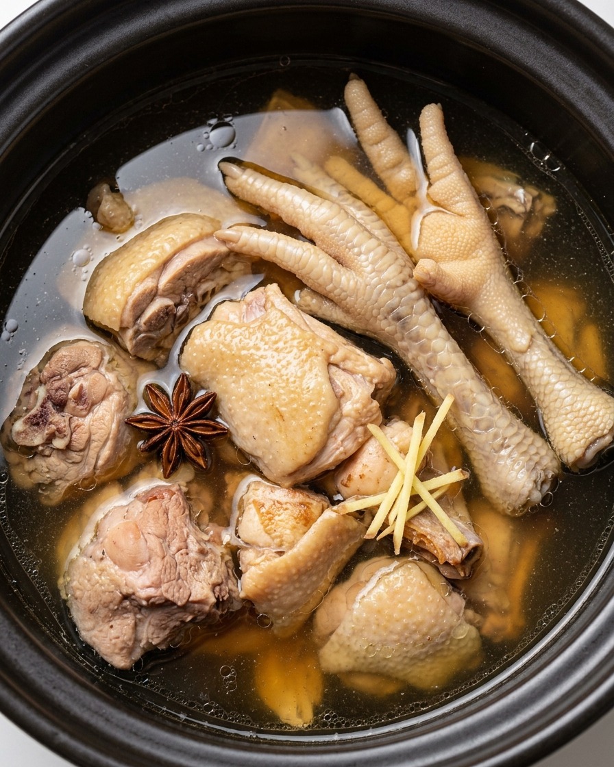 圧力鍋の中に、炒めた鶏肉と薄切りにした生姜が入っている様子。