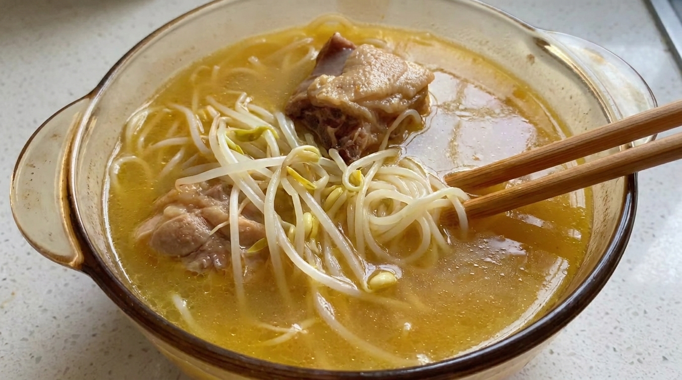 濃厚で黄金色のチキンスープに、麺、柔らかな鶏肉、新鮮なもやしを添えた一杯。