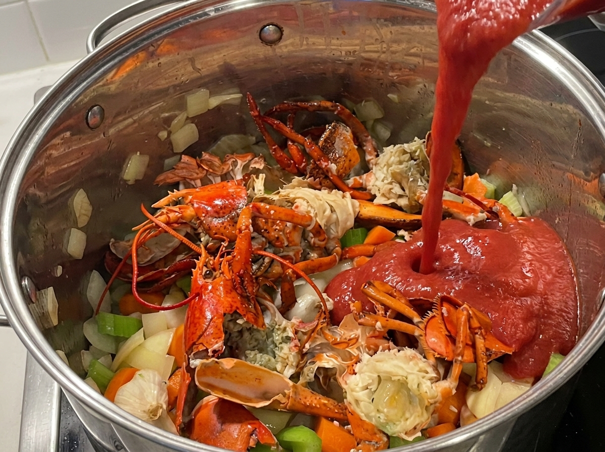 焼いた殻と野菜が入った鍋に、トマトピューレを注いでいる様子。