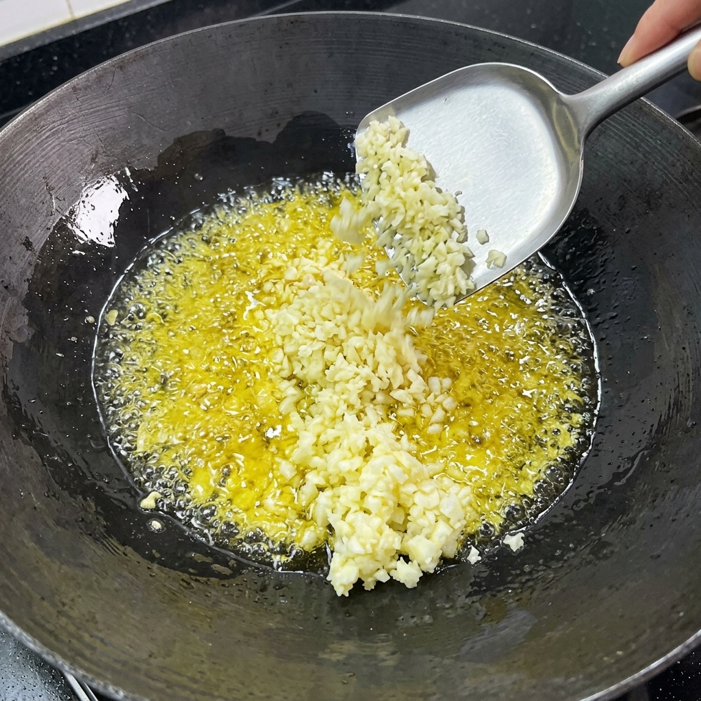 中華鍋の熱い油でみじん切りにしたにんにくを炒めている様子。