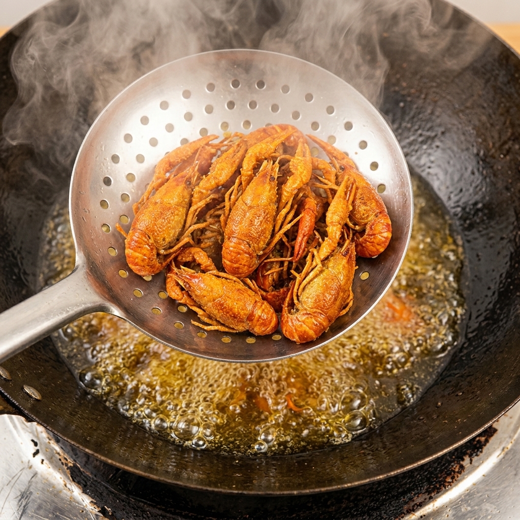 穴あきお玉を使って、グツグツと煮え立つ油から揚げたザリガニをすくい上げる様子。
