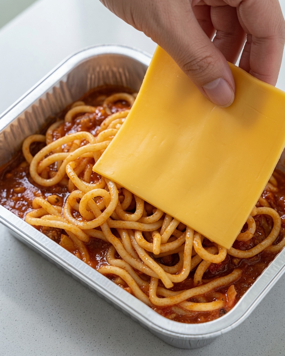 ソースと絡んだスパゲッティの上に、スライスチーズを2枚丁寧に重ねている様子。