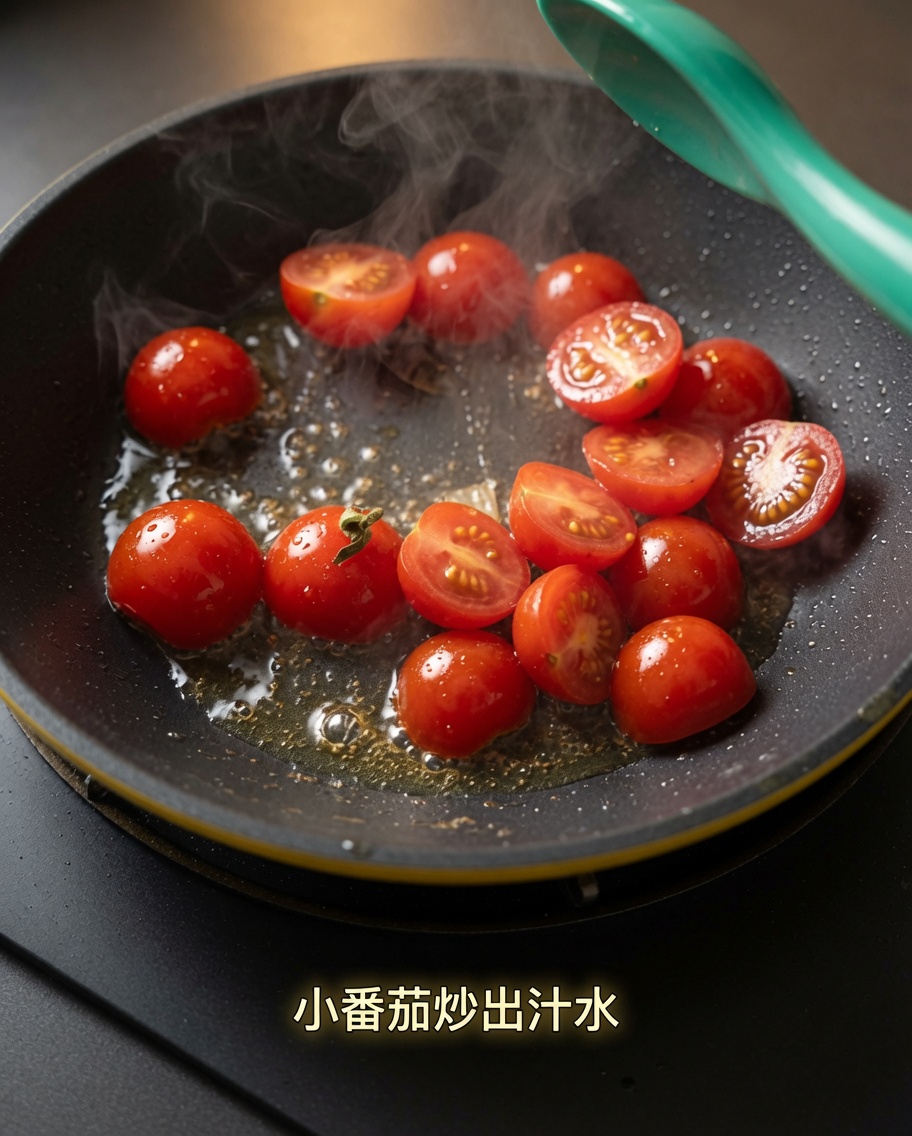 ミニトマトがフライパンで熱され、果汁が出てソース状になり始めている様子