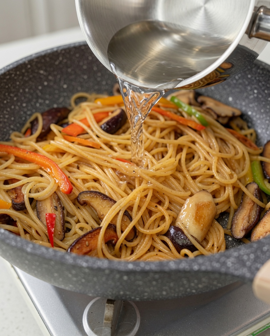 フライパンにパスタの茹で汁を加えている様子。