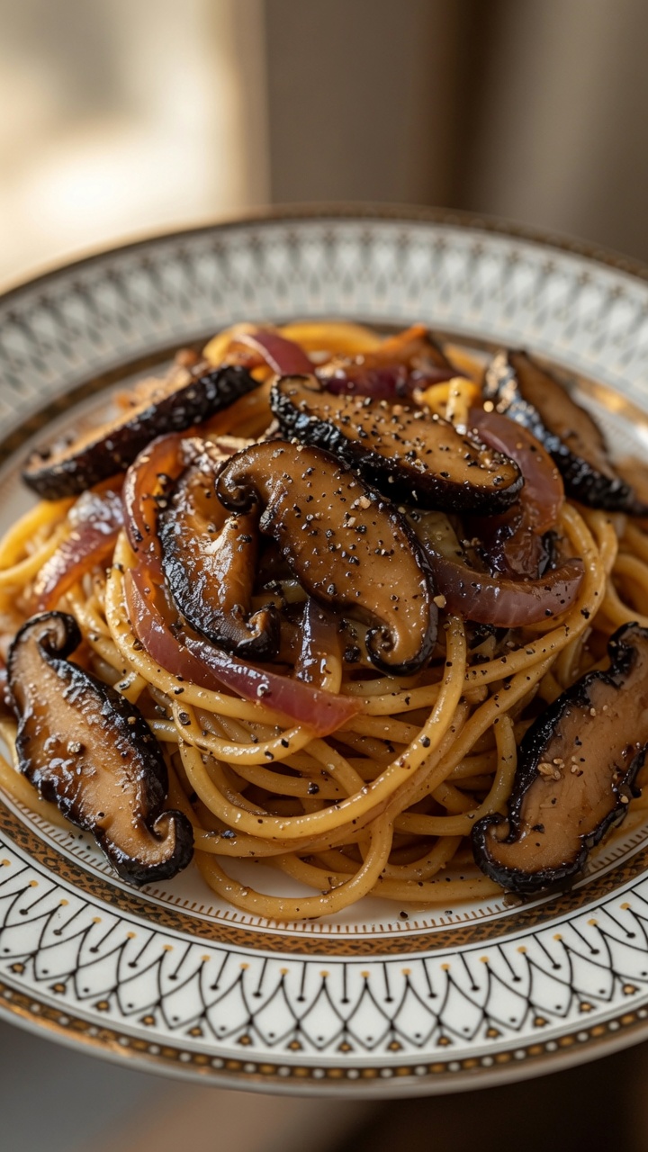 艶やかに茹で上げられたスパゲッティに、たっぷりのしいたけと紫玉ねぎ、そして濃厚な黒胡椒ソースが絡む食欲をそそる一皿。