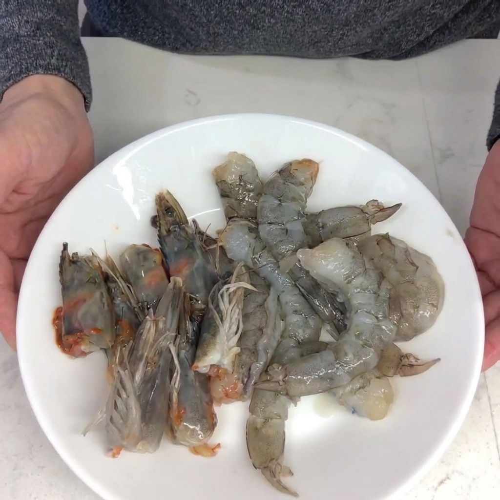 お皿の上で海老の殻をむき、背わたを取る様子。