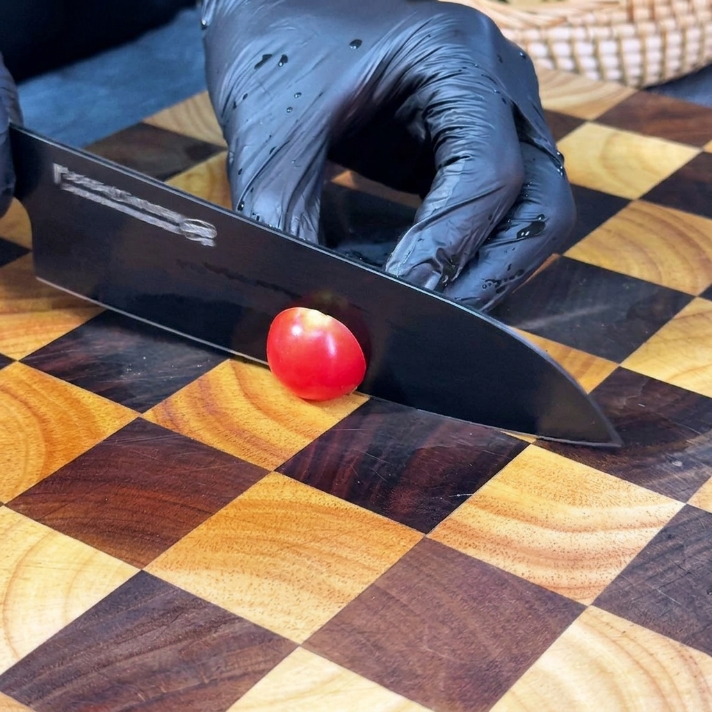 木製のまな板の上で、黒い包丁を使って鮮やかな赤いミニトマトを半分に切っている様子。