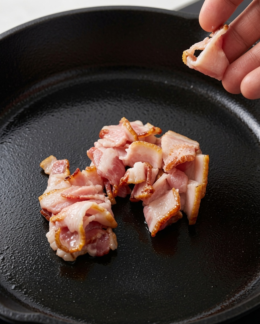 黒いスキレットに、スライスした生のベーコンを入れている様子。