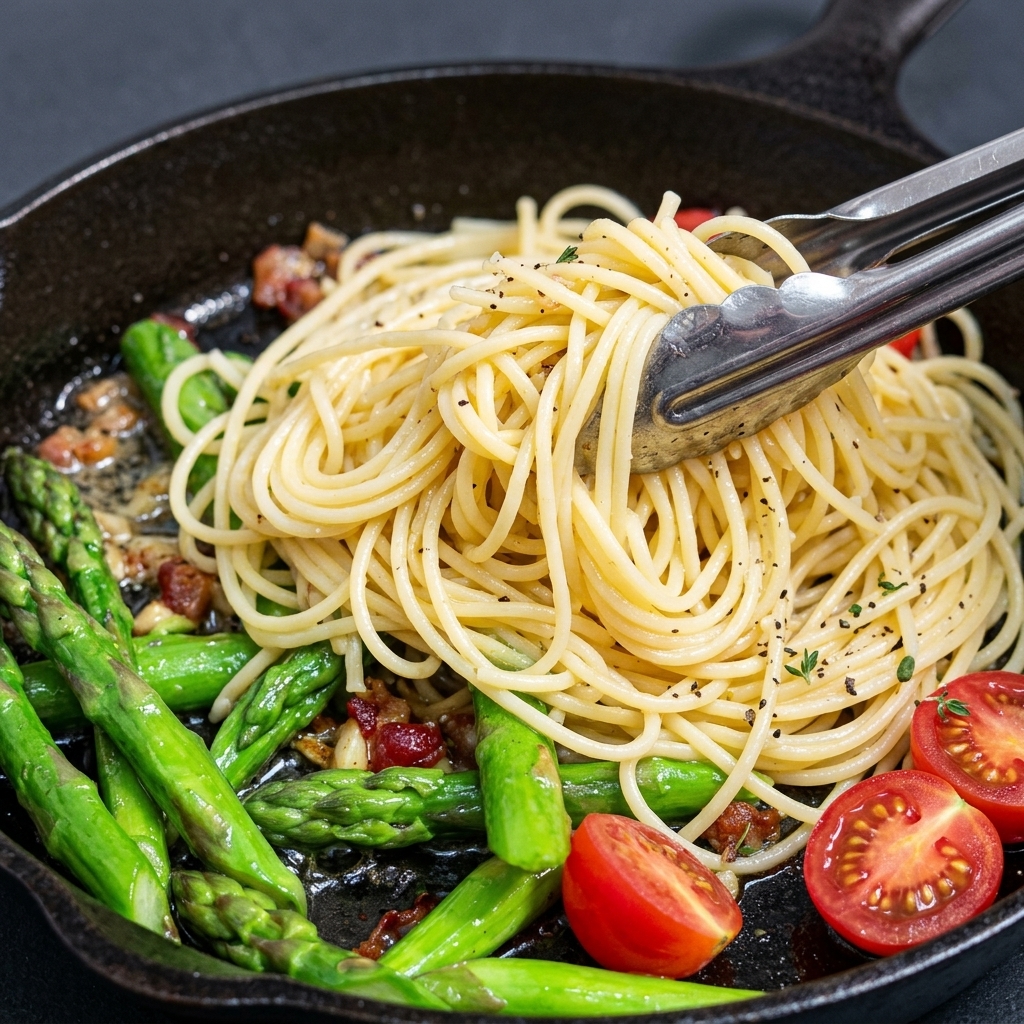 炒めた野菜が入ったフライパンに、茹で上がったパスタを加えている様子。