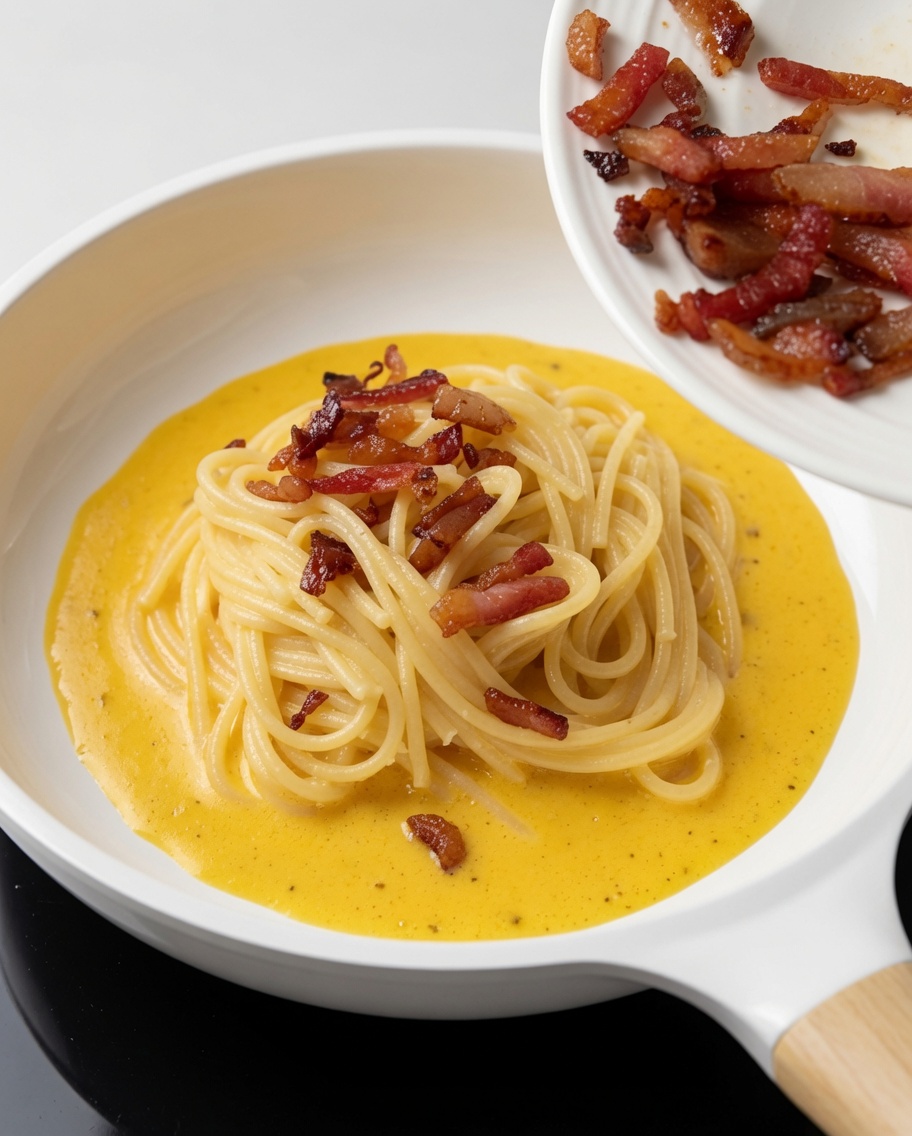 カリカリのグアンチャーレをパスタの上にトッピングしている様子。
