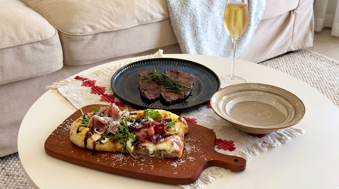 イタリアンブッラータと生ハムのピザ ステーキを添えて
