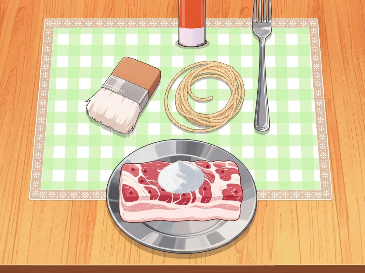 皿の上で豚バラ肉に塩をすり込んでいる様子。