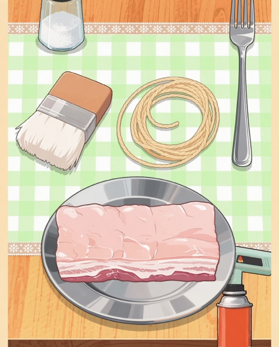 キッチンバーナーで豚バラ肉の表面を焼いている様子。