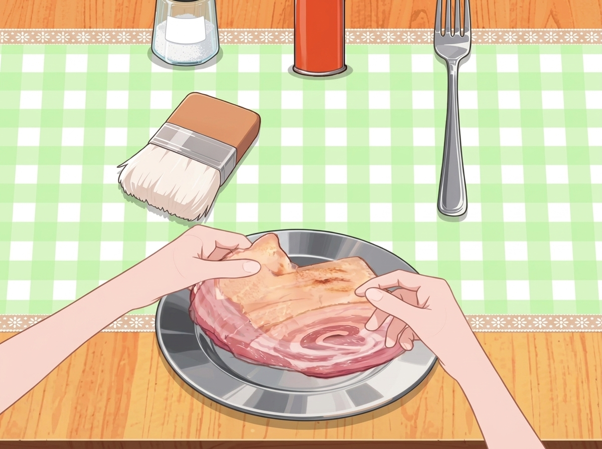 豚バラ肉をロール状に巻いている様子。