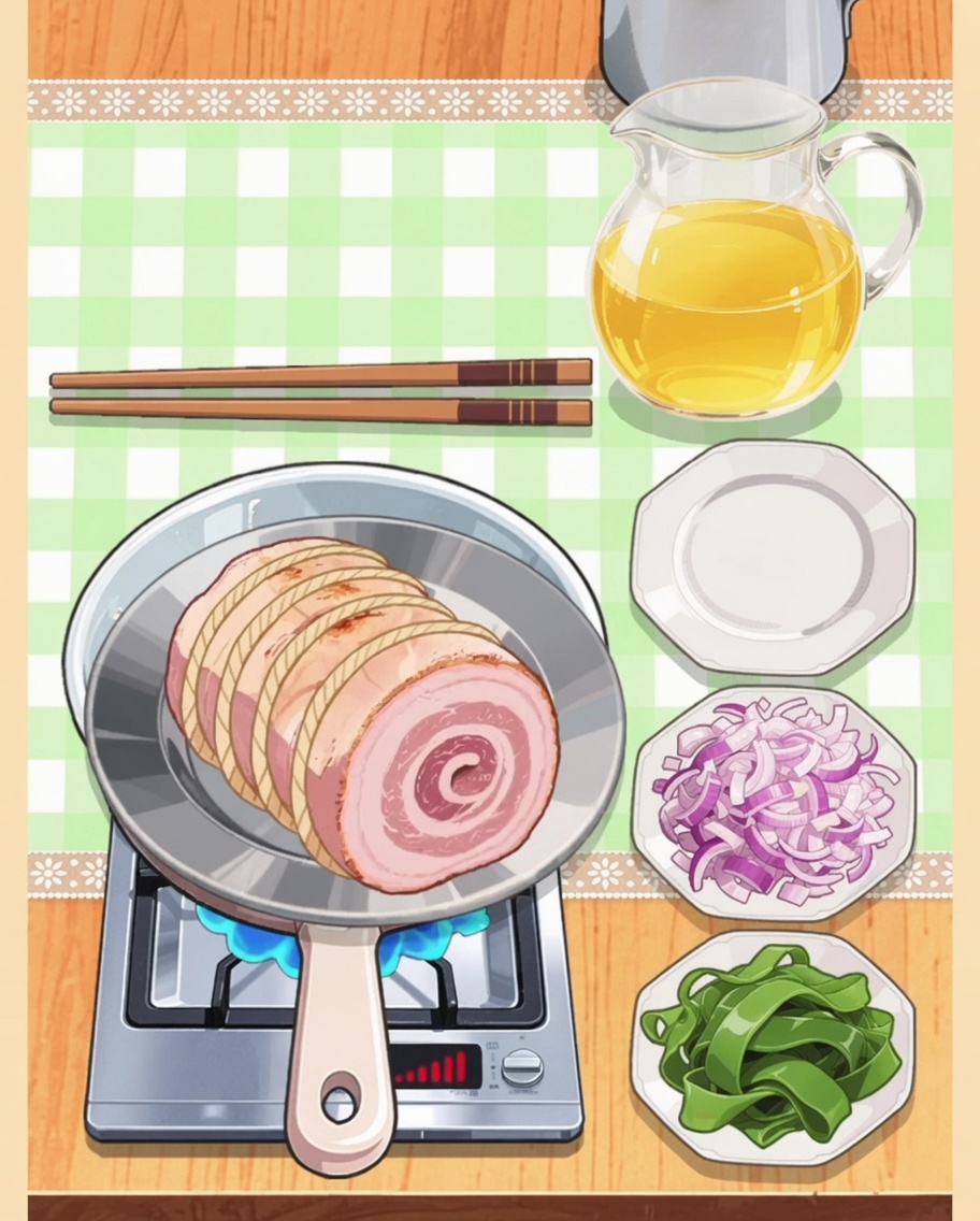 フライパンでタコ糸で縛った豚バラ肉を焼いている様子。