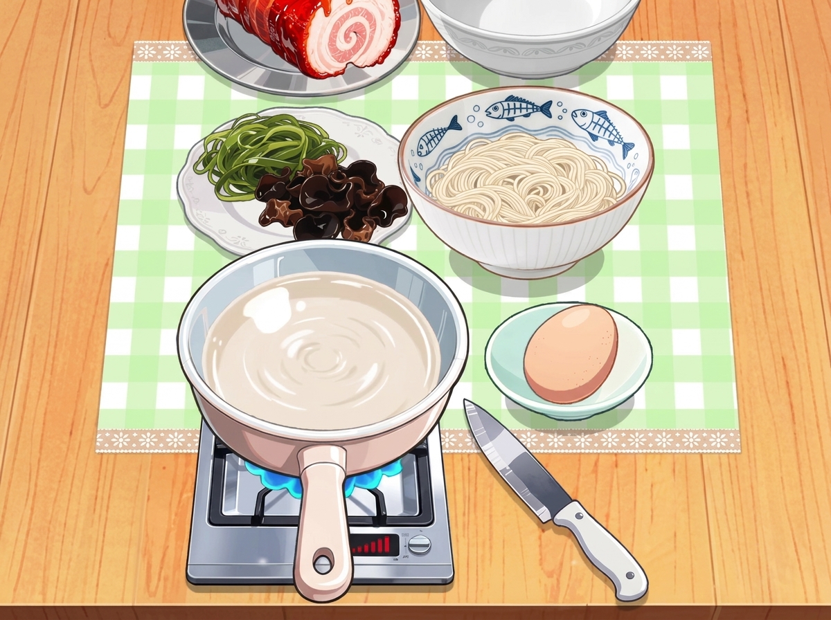 沸騰したスープに麺や具材を入れている様子。
