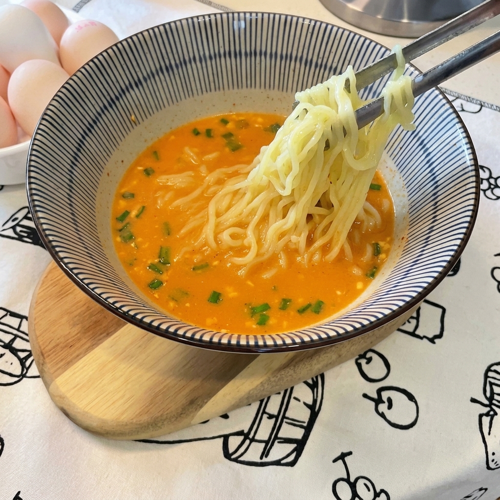 半熟卵、海苔、刻みネギがトッピングされた完成したラーメン。