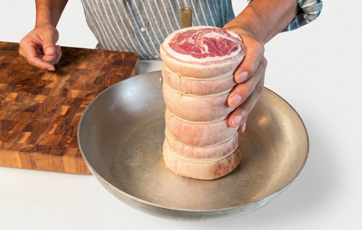 熱したフライパンに豚バラ肉を立てて置き、両端に焼き色をつけている様子。