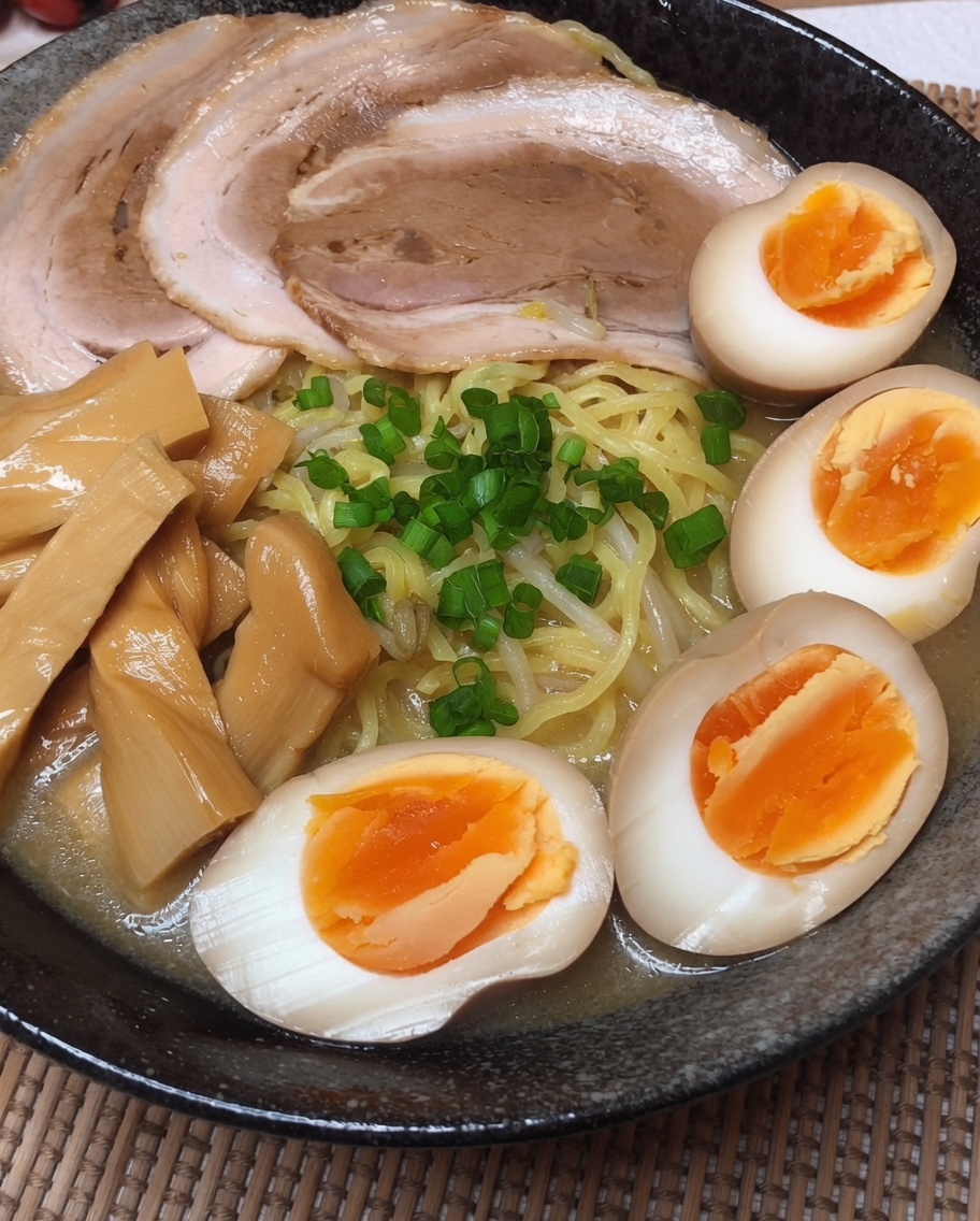 仕上げに長ねぎを散らし、スープを注いでいる様子。