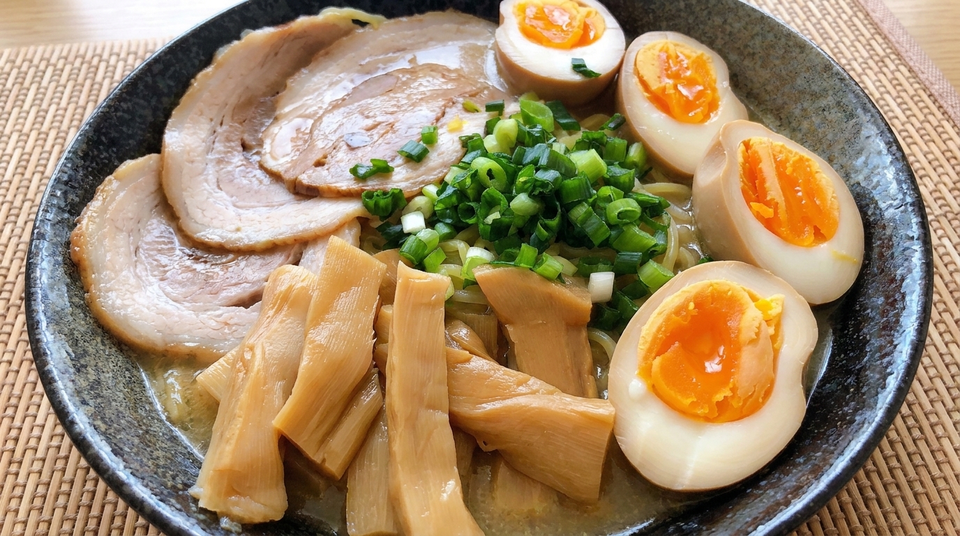 味付け卵（味玉）を添えた自家製ラーメン