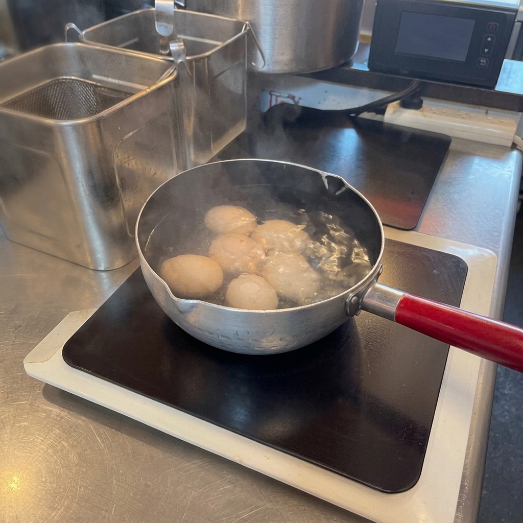 茹で上がった卵を氷水に入れて冷やす様子。
