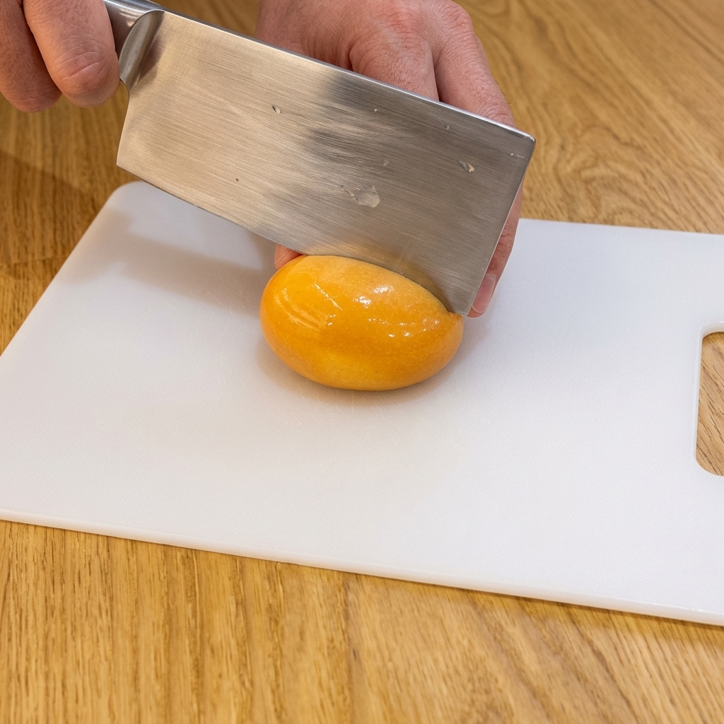 包丁で味玉を半分にカットし、中の黄身が見えている様子。