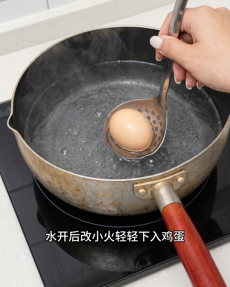 穴あきお玉を使って、沸騰したお湯の入った鍋に生卵をそっと入れる様子。