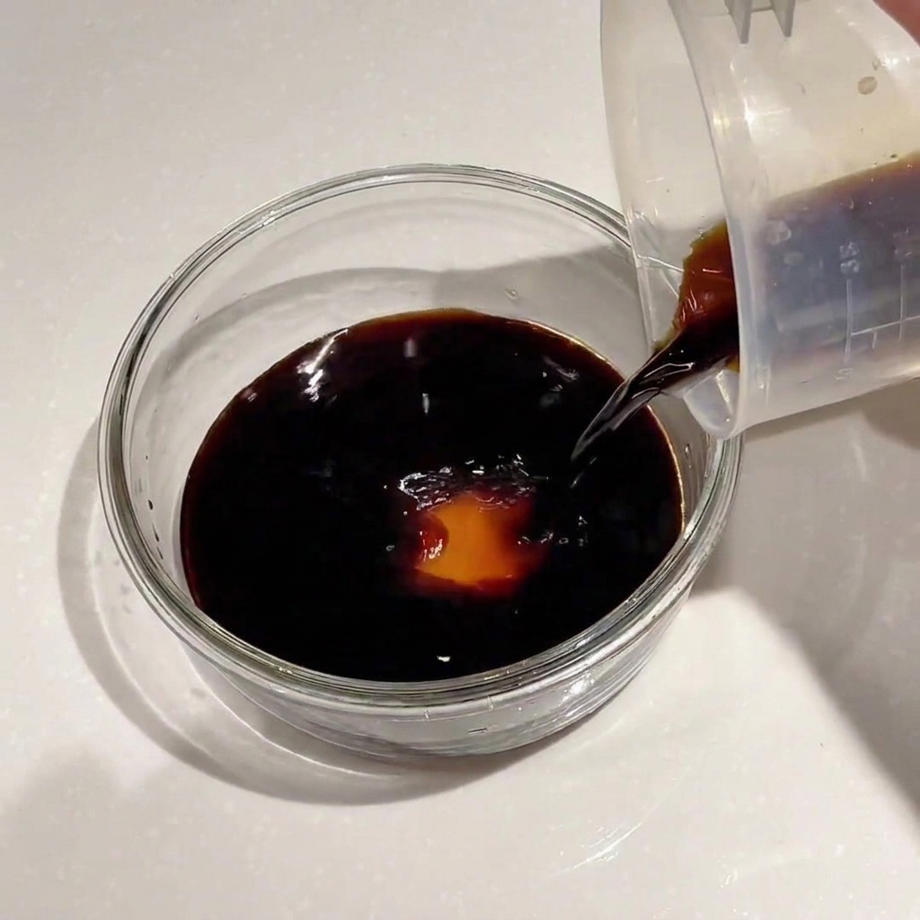 濃い醤油の入ったボウルに透明な水を注いでいる様子。