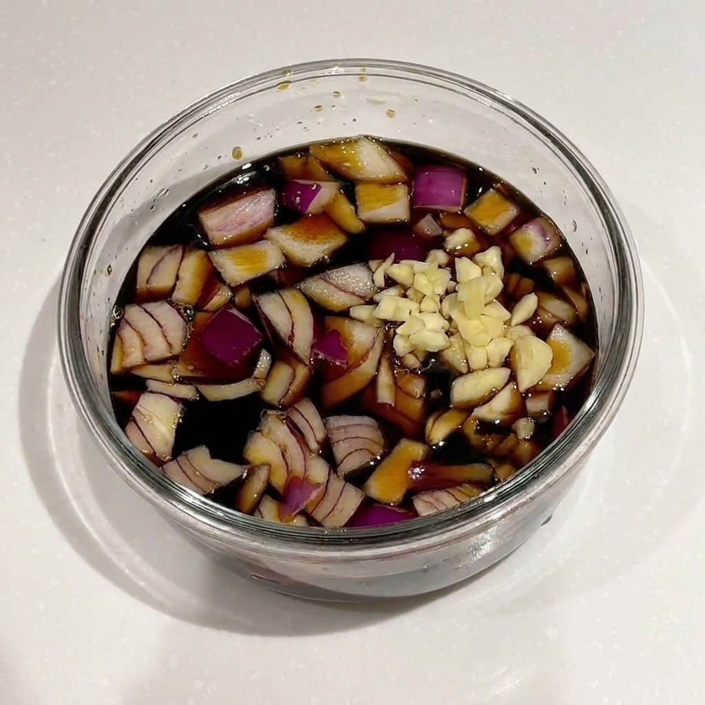 醤油ダレに紫玉ねぎ、にんにく、青ねぎ、ごまを加えている様子。