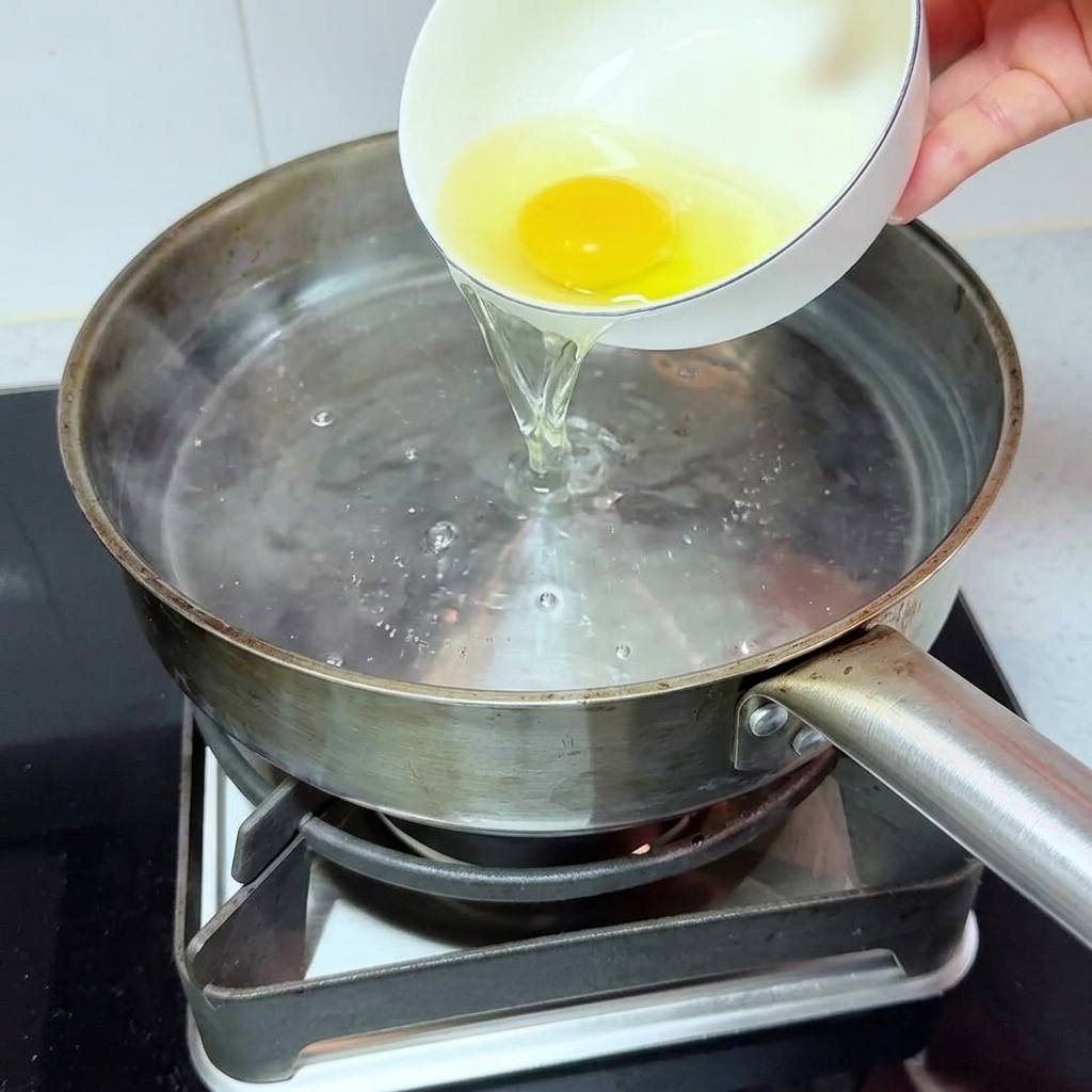 沸騰した鍋の中に、小鉢から卵と水を静かに滑り込ませる様子。