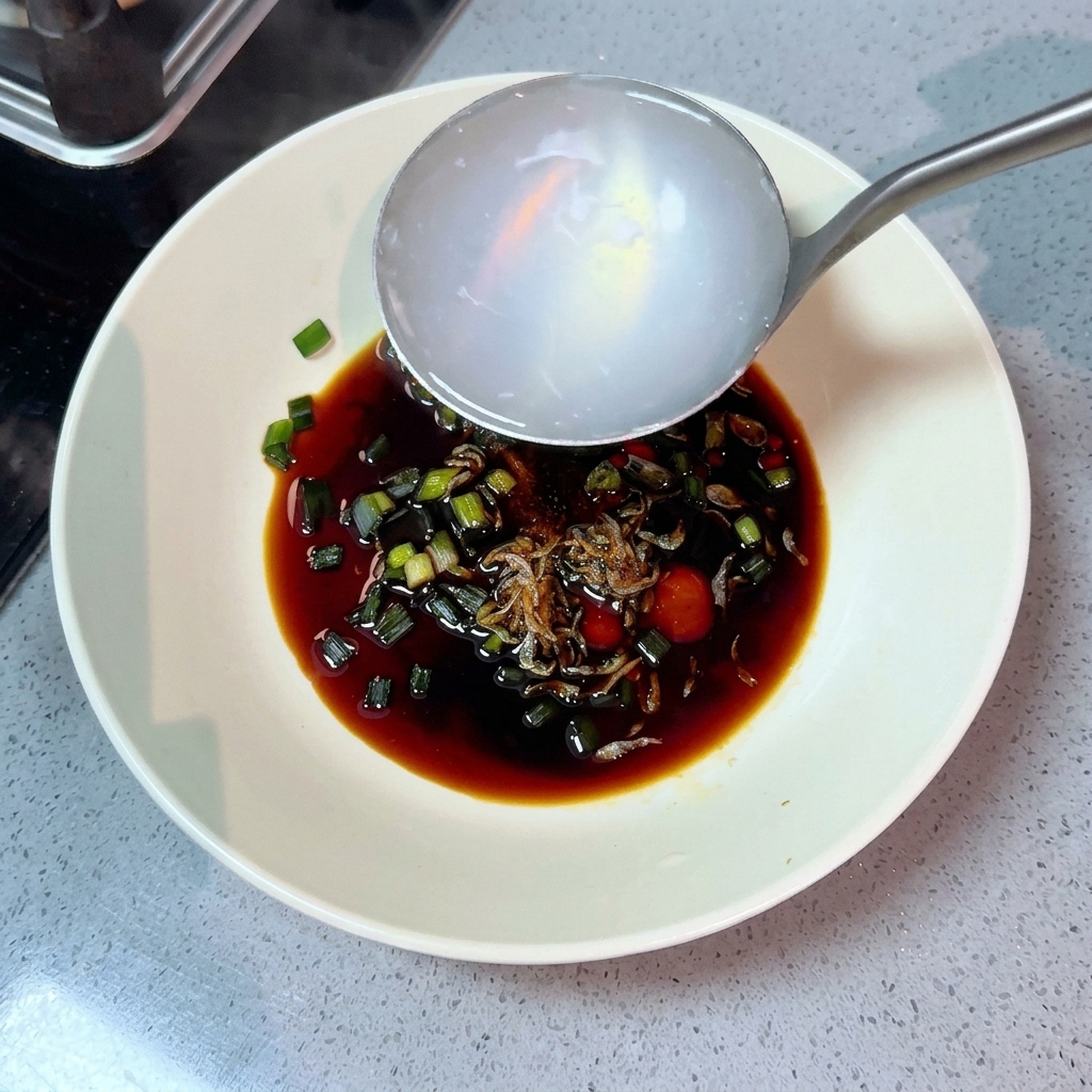 鍋から熱湯を丼に注ぎ、香りを立たせる様子。