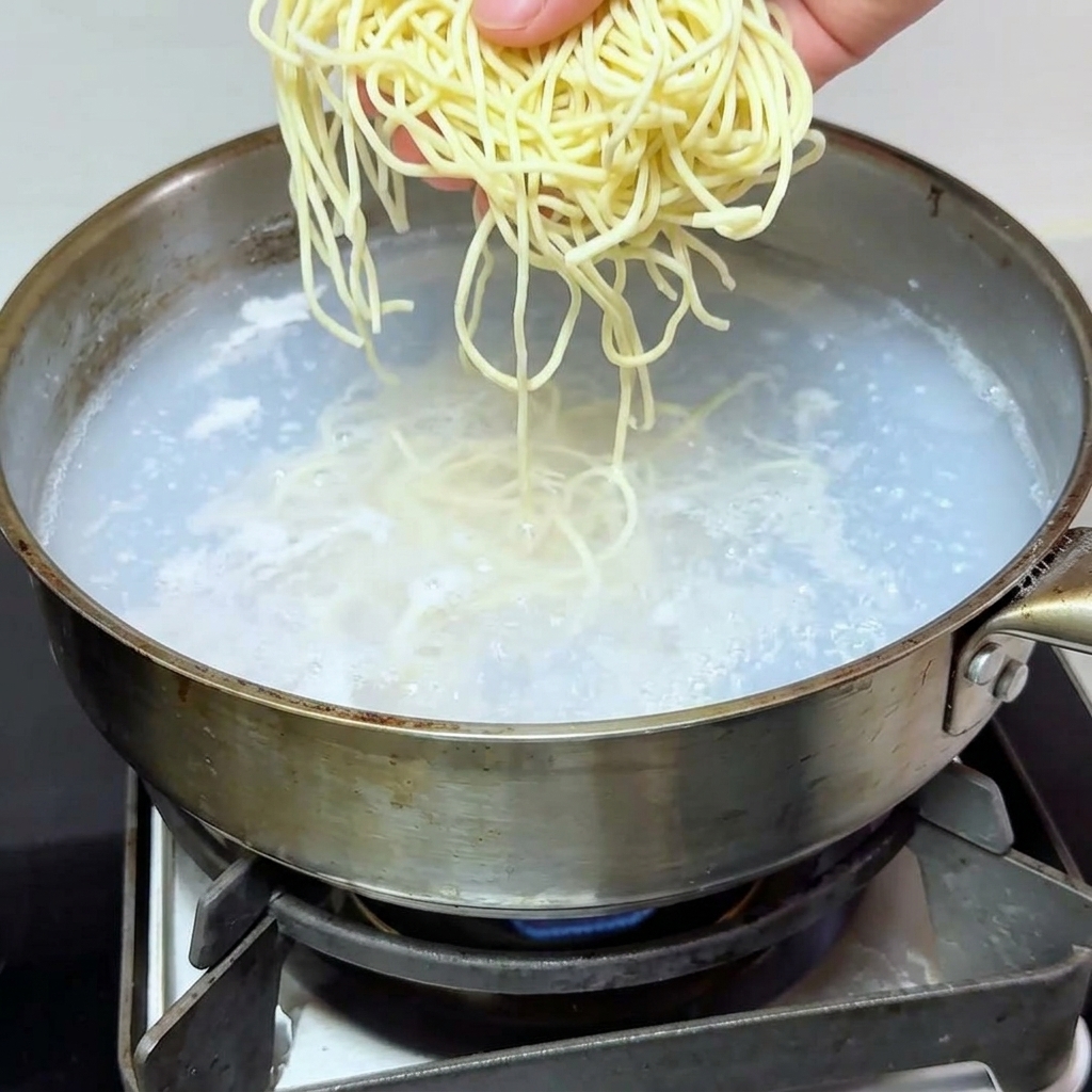 沸騰した鍋に麺を入れて茹でる様子。
